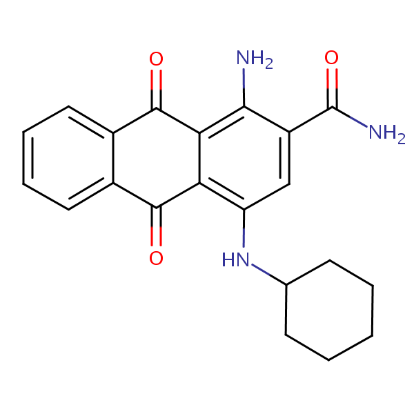 1-Amino-4-(cyclohexylamino)-9,10-dihydro-9,10-dioxoanthracene-2-carboxamide structural formula