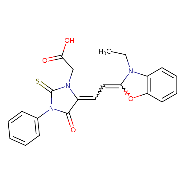 1-Imidazolidineacetic acid, 5-[(3-ethyl-2(3H)-benzoxazolylidene)ethylidene]-4-oxo-3-phenyl-2-thioxo- structural formula