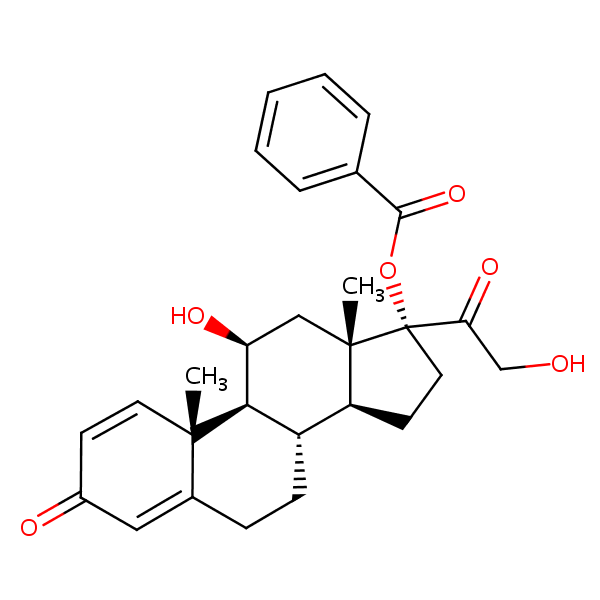 11beta,17,21-Trihydroxypregna-1,4-diene-3,20-dione 17-benzoate structural formula