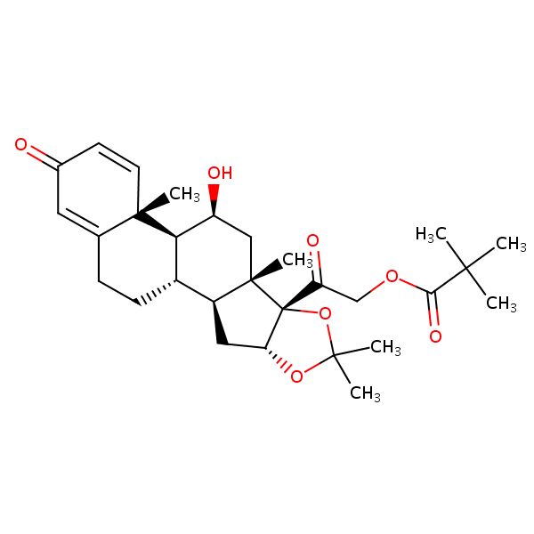 11beta,21-Dihydroxy-16alpha,17-(isopropylidenedioxy)pregna-1,4-diene-3,20-dione 21-pivalate structural formula