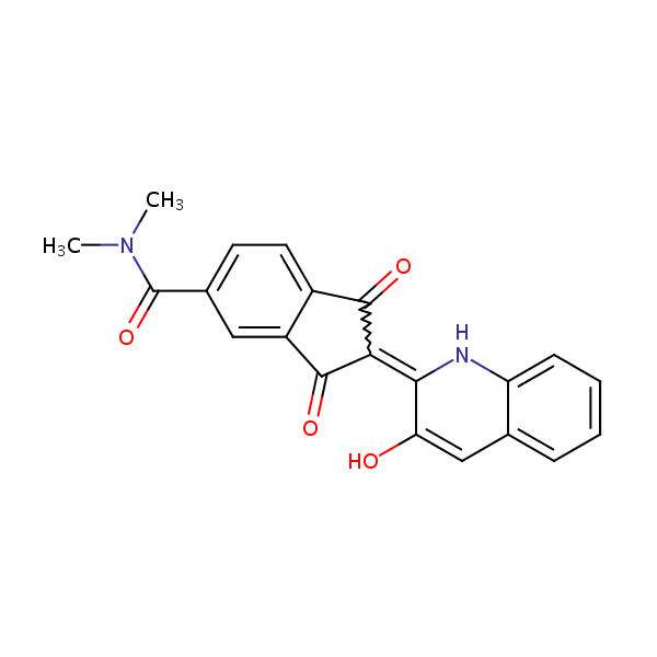 1H-Indene-5-carboxamide, 2,3-dihydro-2-(3-hydroxy-2(1H)-quinolinylidene)-N,N-dimethyl-1,3-dioxo- structural formula