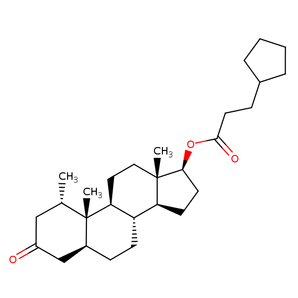 (1alpha,5alpha,17beta)-17-Hydroxy-1-methylandrostan-3-one 3-(cyclopentyl)propionate structural formula