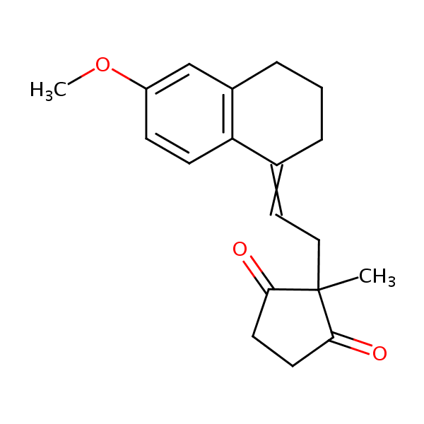 2-[2-(6-methoxy-3,4-dihydro-2H-naphthalen-1-ylidene)ethyl]-2-methylcyclopentane-1,3-dione structural formula
