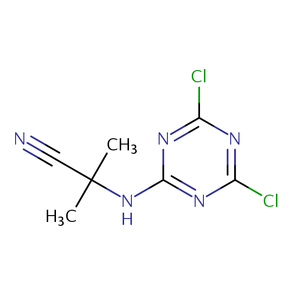 2-((4,6-Dichloro-1,3,5-triazin-2-yl)amino)-2-methylpropiononitrile structural formula