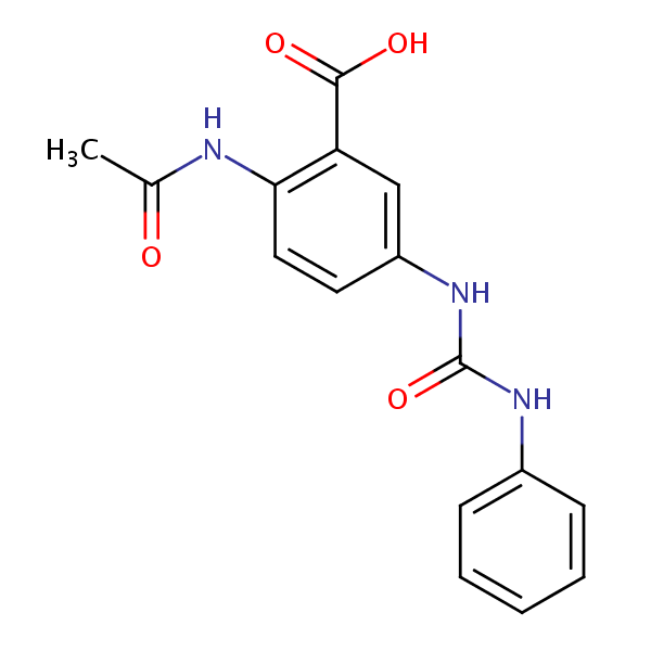 2-Acetamido-5-(((phenylamino)carbonyl)amino)benzoic acid structural formula