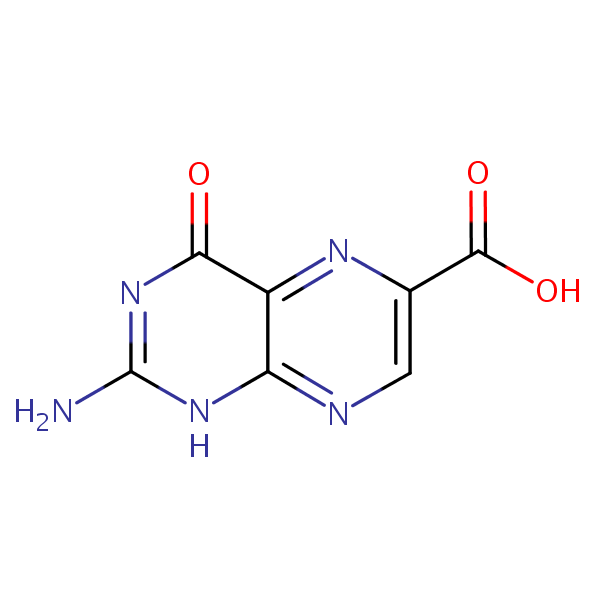 2-Amino-1,4-dihydro-4-oxopteridine-6-carboxylic acid structural formula