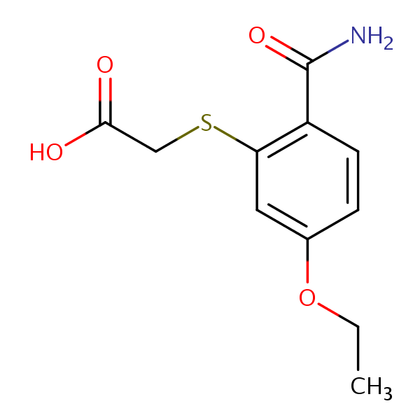 ((2-(Aminocarbonyl)-5-ethoxyphenyl)thio)acetic acid structural formula