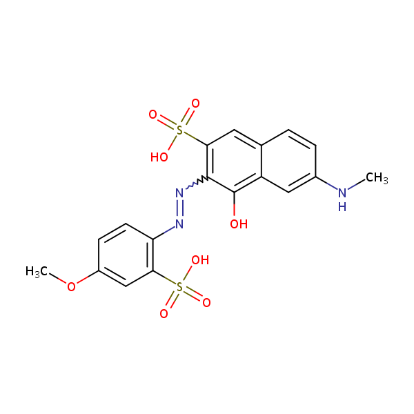 2-Naphthalenesulfonic acid, 4-hydroxy-3-[(4-methoxy-2-sulfophenyl)azo]-6-(methylamino)- structural formula