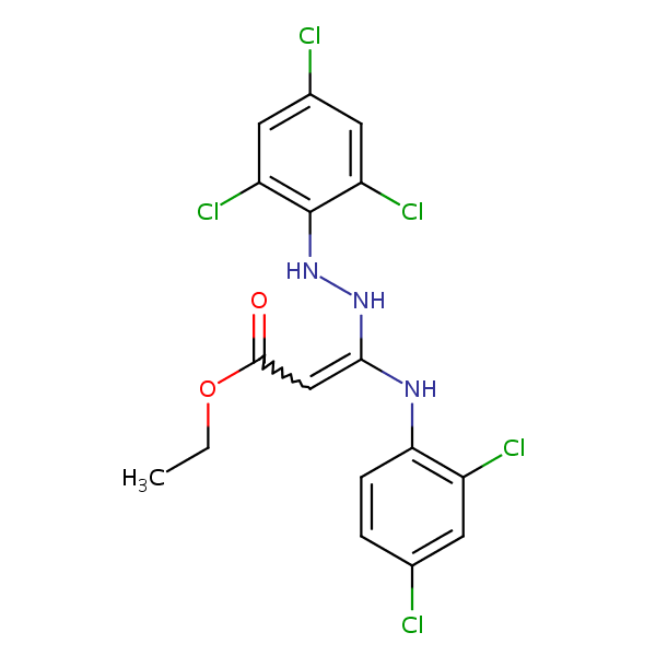 2-Propenoic acid, 3-[(2,4-dichlorophenyl)amino]-3-[2-(2,4,6-trichlorophenyl)hydrazino]-, ethyl ester structural formula
