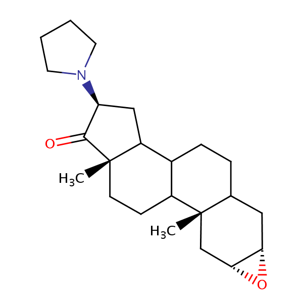 (2alpha,3alpha,8xi,9xi,14xi,16beta)-16-(Pyrrolidin-1-yl)-2,3-epoxyandrostan-17-one structural formula