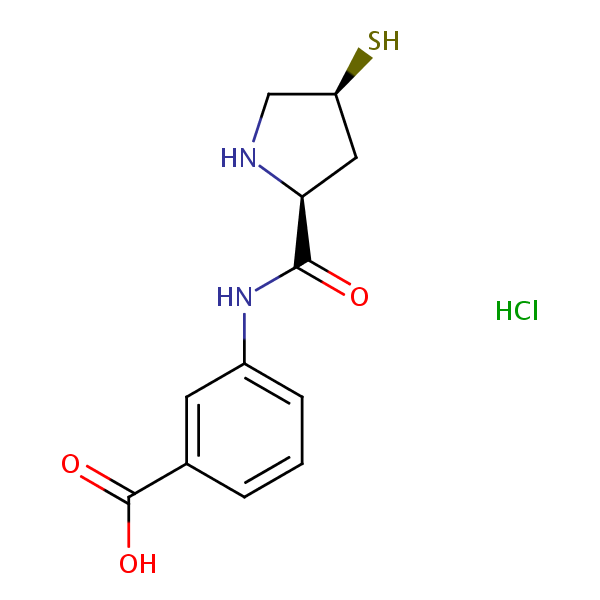 3-(((2S,4S)-4-Sulfanylpyrrolidine-2-carbonyl)amino)benzoic acid hydrochloride structural formula