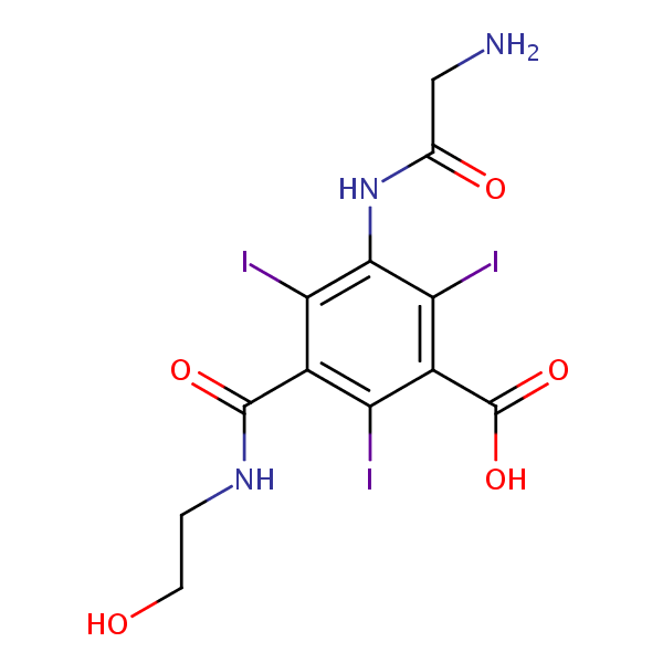 3-((Aminoacetyl)amino)-5-(((2-hydroxyethyl)amino)carbonyl)-2,4,6-triiodobenzoic acid structural formula