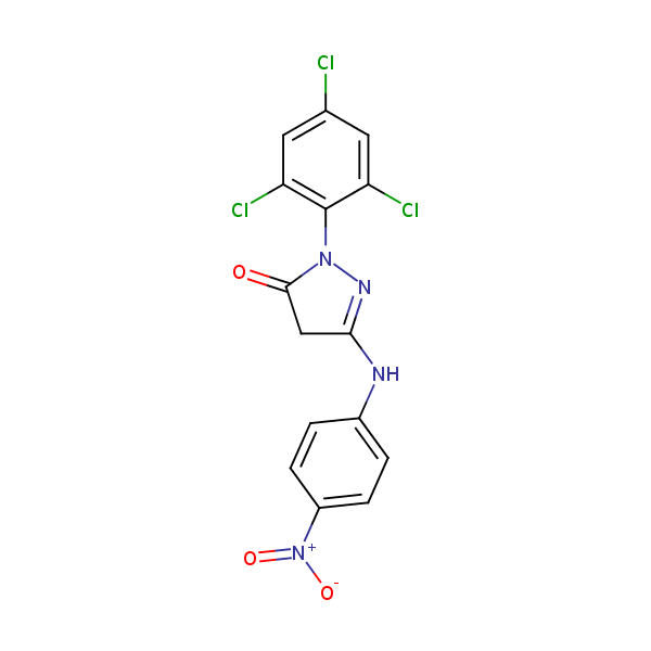 3H-Pyrazol-3-one, 2,4-dihydro-5-[(4-nitrophenyl)amino]-2-(2,4,6-trichlorophenyl)- structural formula