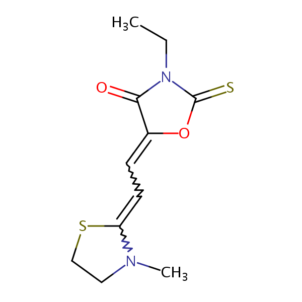 4-Oxazolidinone, 3-ethyl-5-[(3-methyl-2-thiazolidinylidene)ethylidene]-2-thioxo- structural formula