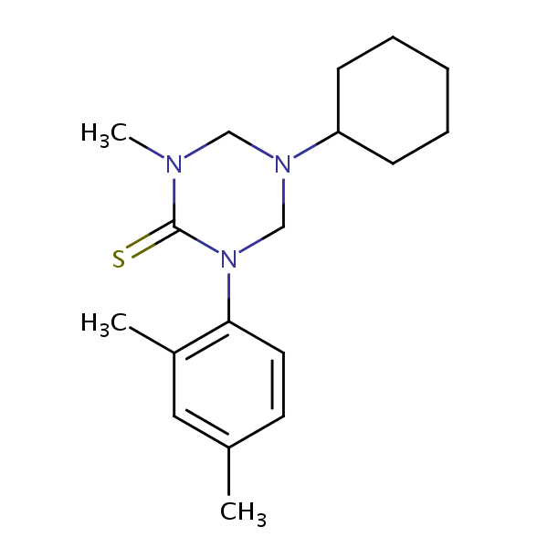 5-(Cyclohexyl)tetrahydro-3-methyl-1-(2,4-xylyl)-1,3,5-triazine-2(1H)-thione structural formula