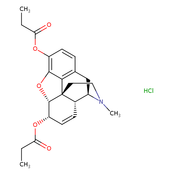(5alpha,6alpha)-7,8-Didehydro-4,5-epoxy-17-methylmorphinan-3,6-diyl dipropionate hydrochloride structural formula