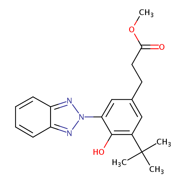 Benzenepropanoic acid, 3-(2H-benzotriazol-2-yl)-5-(1,1-dimethylethyl)-4-hydroxy-, methyl ester structural formula