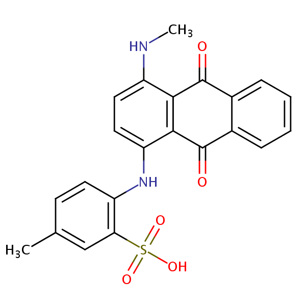 Benzenesulfonic acid, 2-[[9,10-dihydro-4-(methylamino)-9,10-dioxo-1-anthracenyl]amino]-5-methyl- structural formula