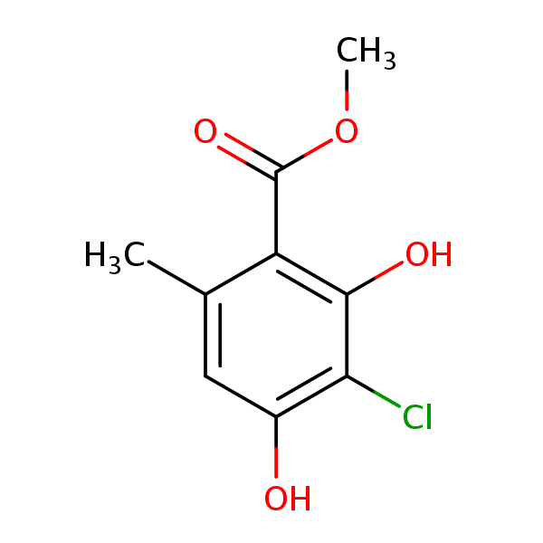 Benzoic acid, 3-chloro-2,4-dihydroxy-6-methyl-, methyl ester structural formula