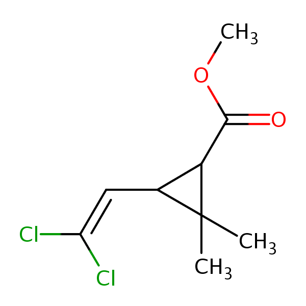 Cyclopropanecarboxylic acid, 3-(2,2-dichloroethenyl)-2,2-dimethyl-, methyl ester structural formula