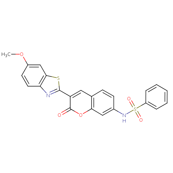N-(3-(6-Methoxy-2-benzothiazolyl)-2-oxo-2H-1-benzopyran-7-yl)benzenesulphonamide structural formula