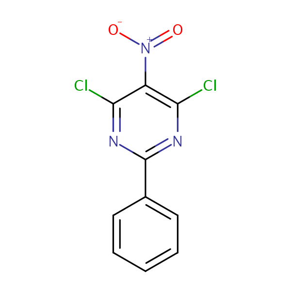 Pyrimidine, 4,6-dichloro-5-nitro-2-phenyl- structural formula